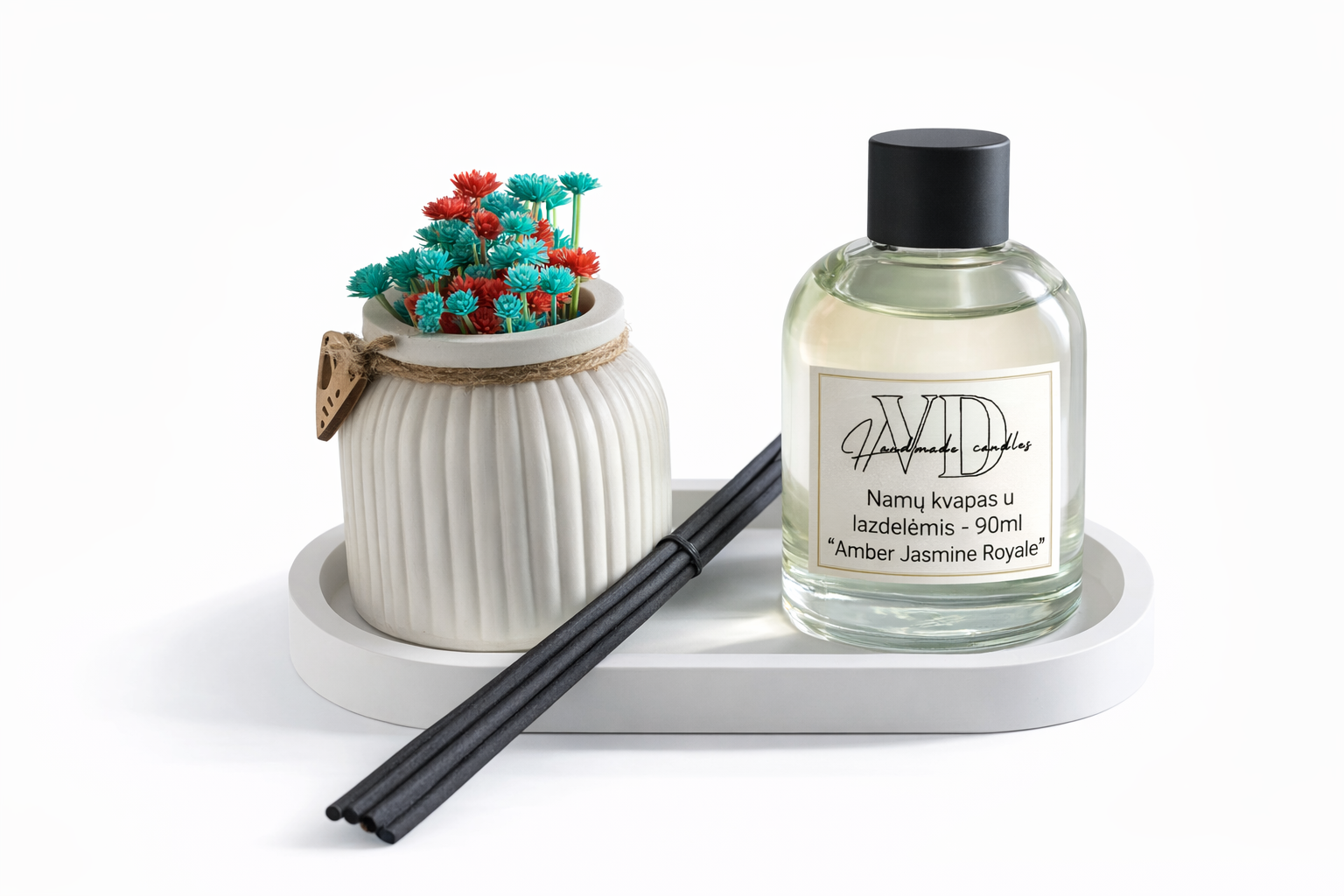 Rankų darbo namų kvapo komplektas Amber Jasmine Royale (90 ml)